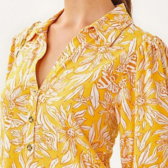 Lilly Pulitzer Bingley Dress Honeycomb Hideaway Yellow Floral Shirt Dress Small - Picture 10 of 10